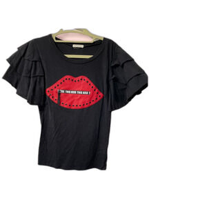 Kiss this this black Ruffle sleeved Top sz S